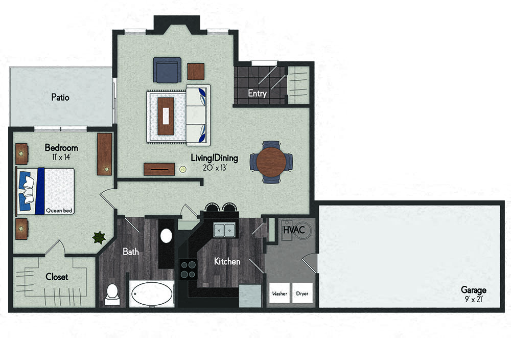 Floor plan for 1 bed, 1 bath, 894 sqft
